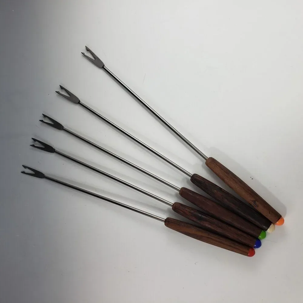 Fondue Long Fork Set Wood Teak Handle Color Insert MCM Set 5 Haddon House Japan